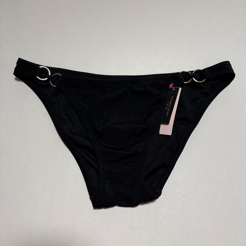 NWT Victorias Secret Black Large Metal Loops Brazilian Bikini Bottom Swimsuit